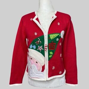 Vtg Tiara Red Christmas Santa Zip Cardigan Ugly Sweater Girls L/ Women’s XS-M